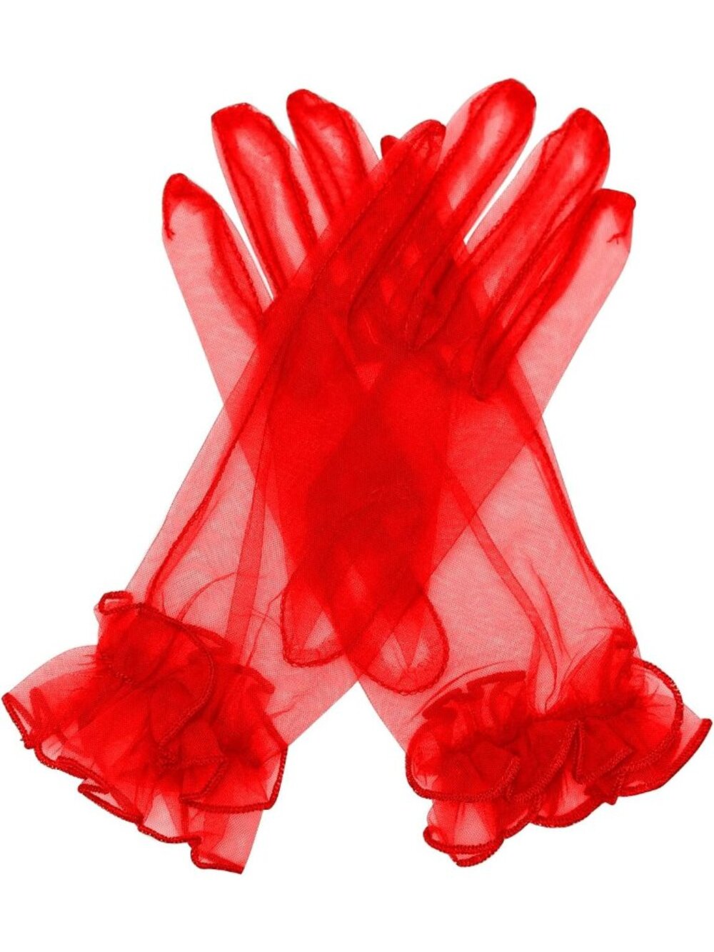 Women's Red Ruffled Short Sheer Wrist Length Halloween Tulle Mesh Gloves
